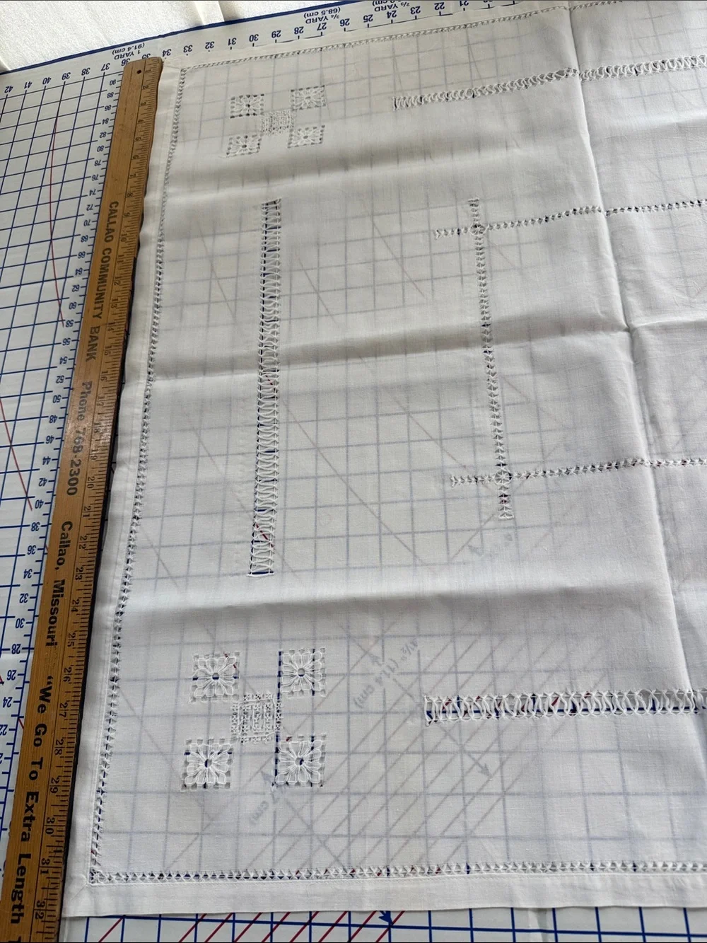 Vintage White Linen Madeira Style Table Topper 34 x 32 Drawn Thread Cutwork